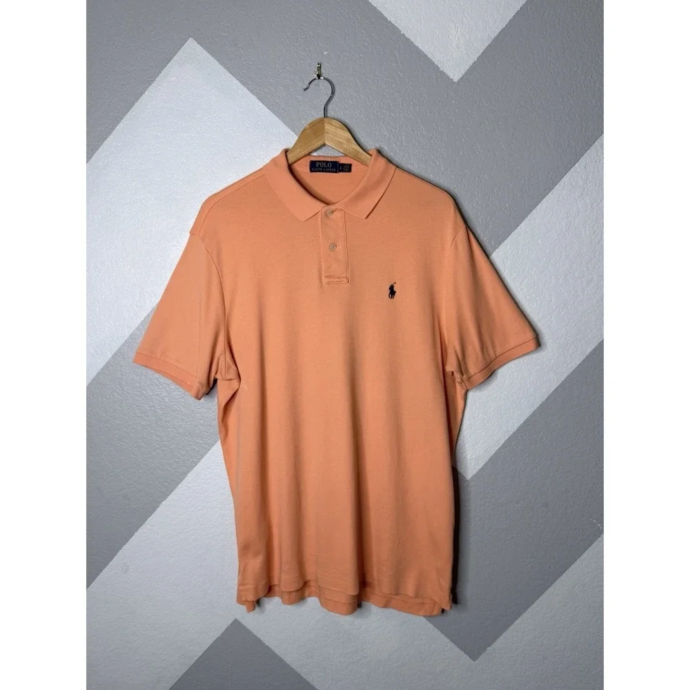 Polo Ralph Lauren Mens Large Polo Shirt Peach Orange Cotton Mesh Pony Logo Golf